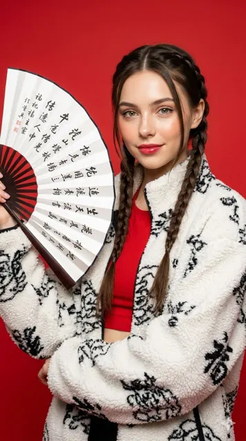 Young woman fan red backdrop studio portrait