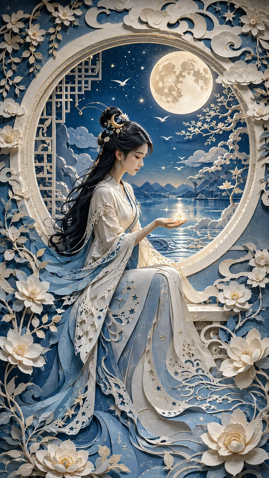 Modern oriental woman moon night 3d papercut — Sonra