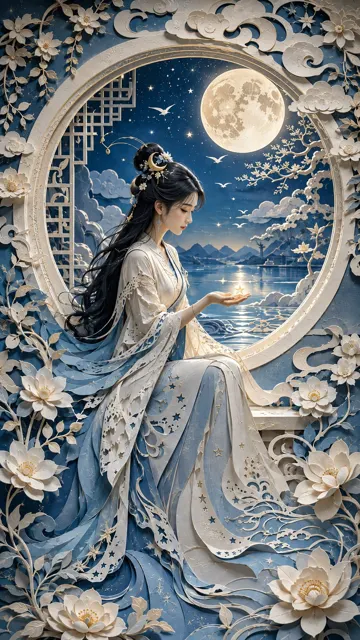 Modern oriental woman moon night 3d papercut