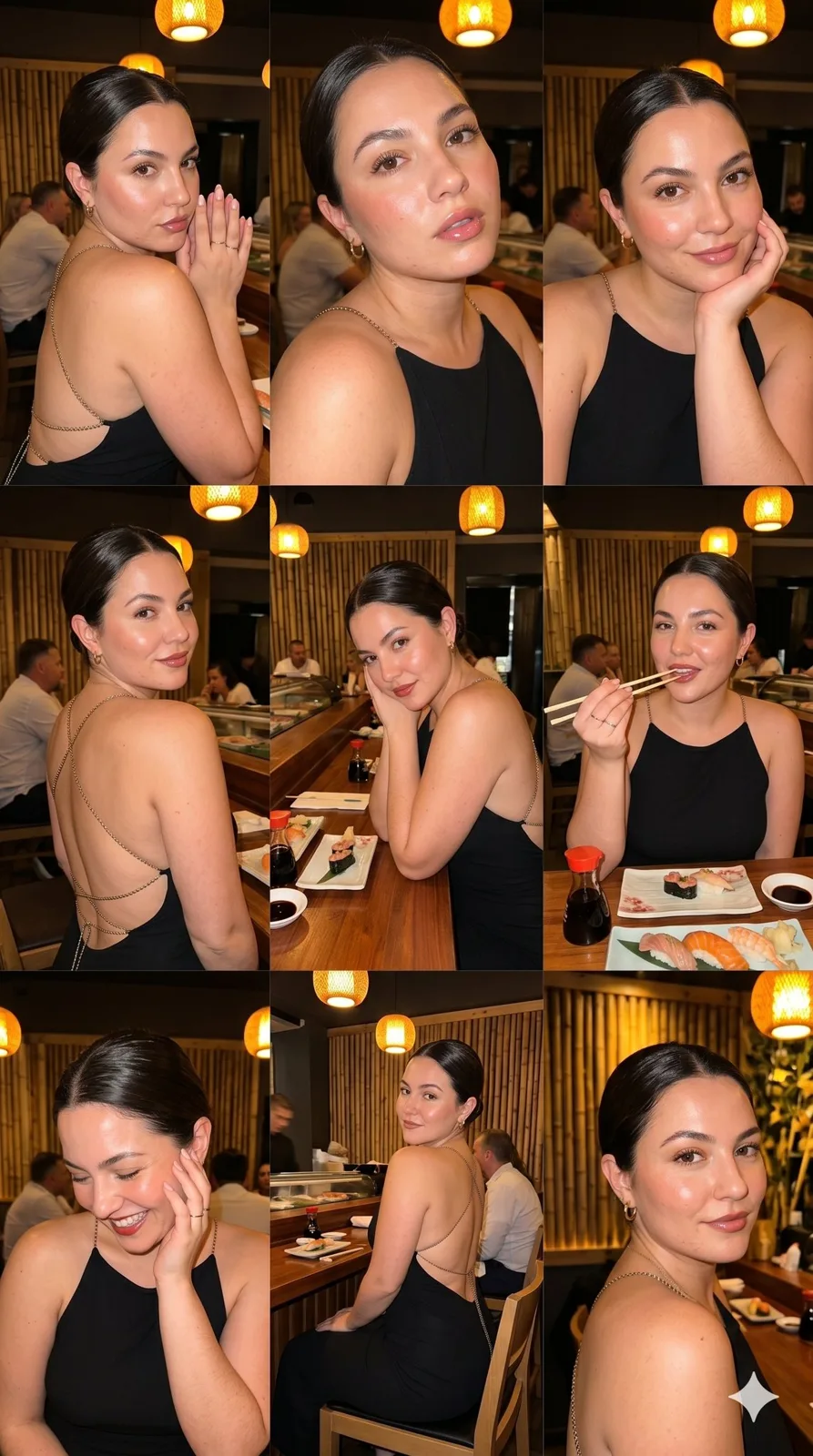 Ultra photorealistic sushi bar woman selfie collage — After
