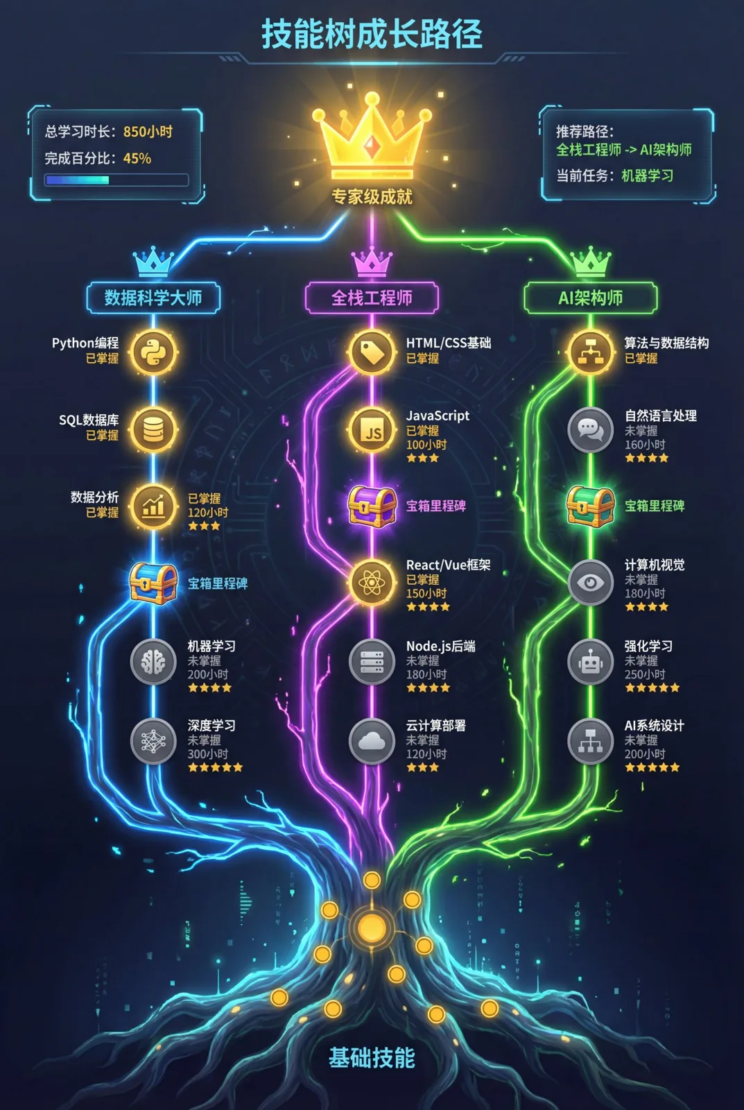 一张精美的技能树成长路径信息图 — Sonra