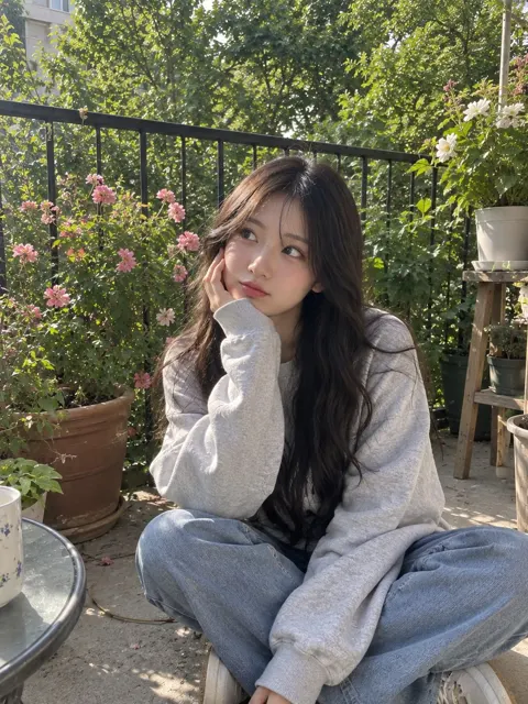 East asian woman balcony garden candid smartphone photo