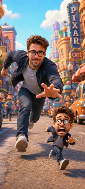 Photorealistic boy sprinting pixar style miniature