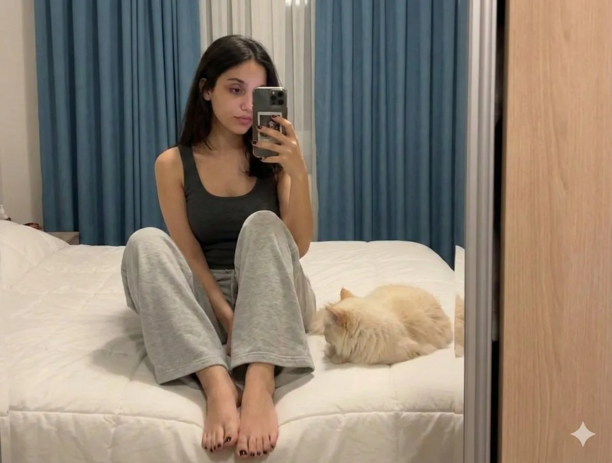 Long hair girl cat mirror selfie — Sonra