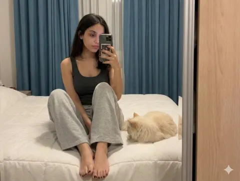 Long hair girl cat mirror selfie