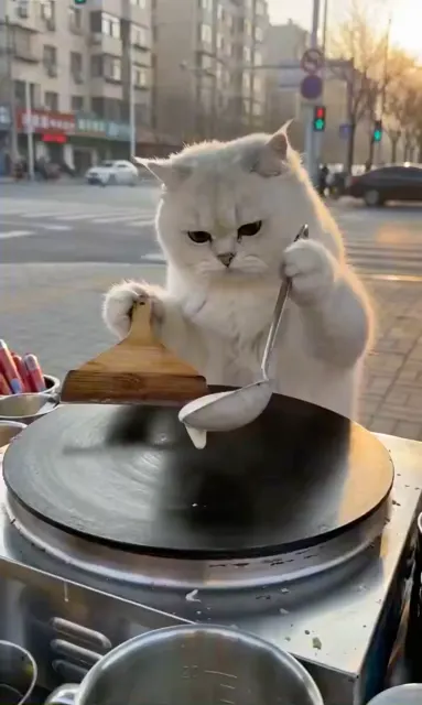 Cat chef making pancakes