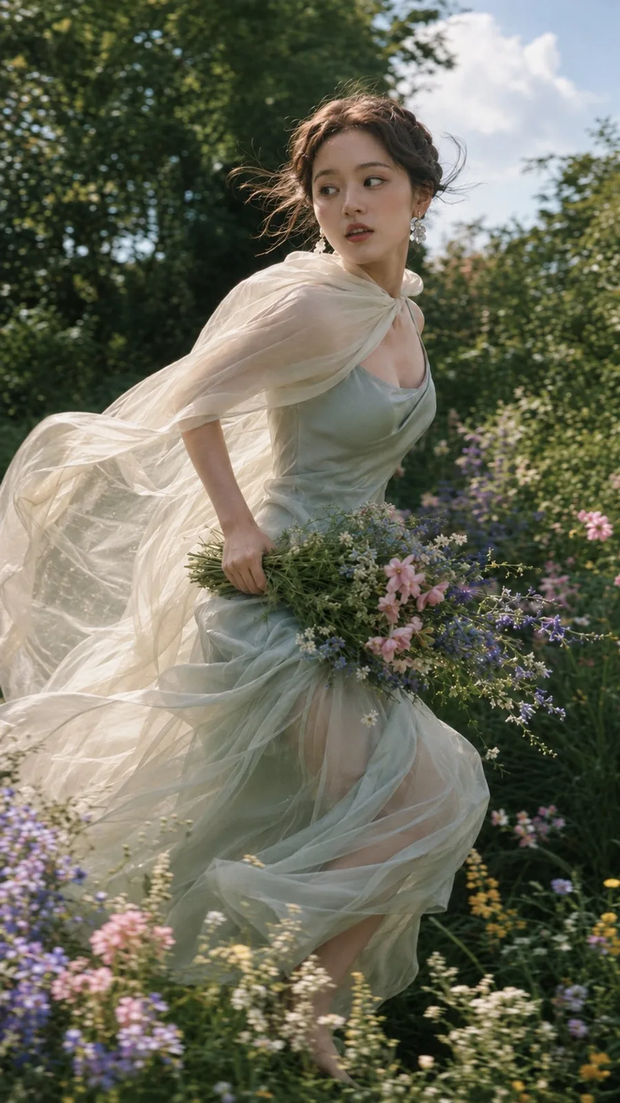 East asian woman sage green dress cinematic portrait — Sonra