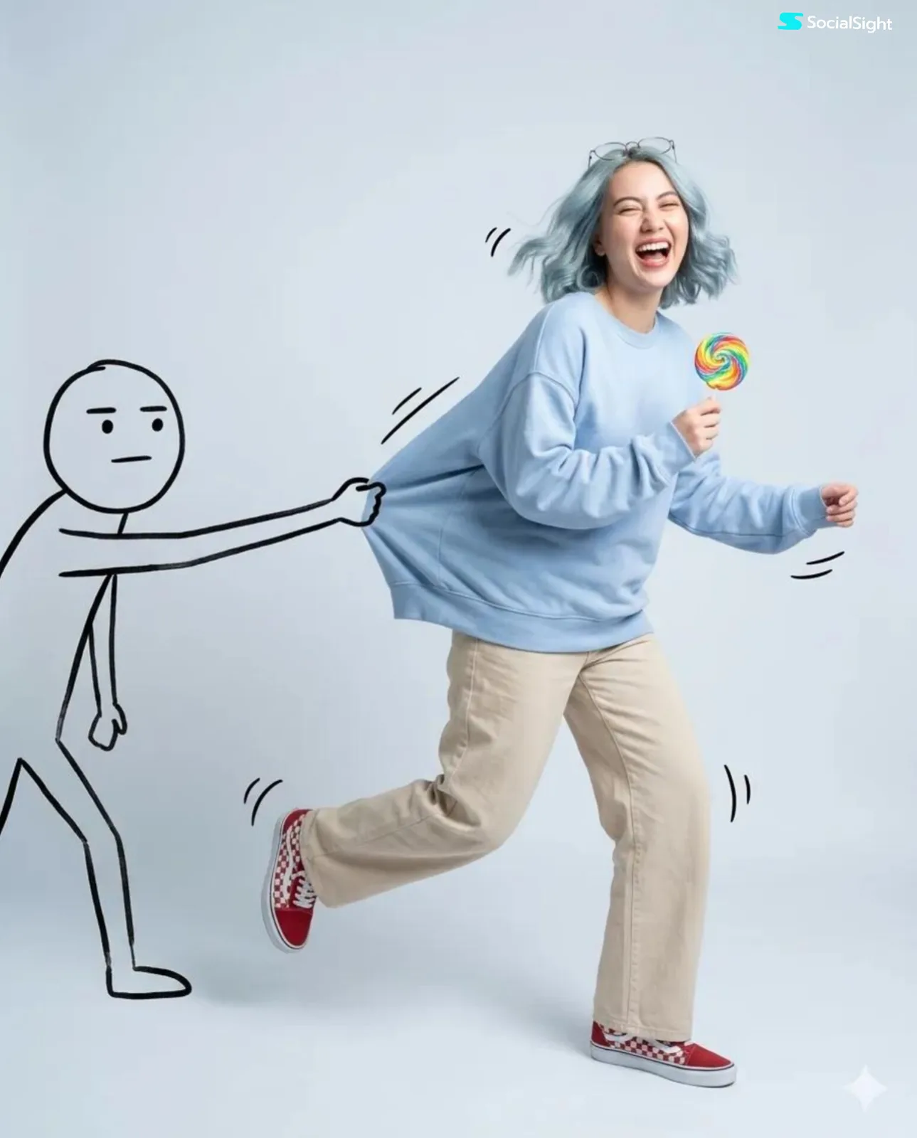 Ultra realistic woman blue hair running black doodle interaction — After