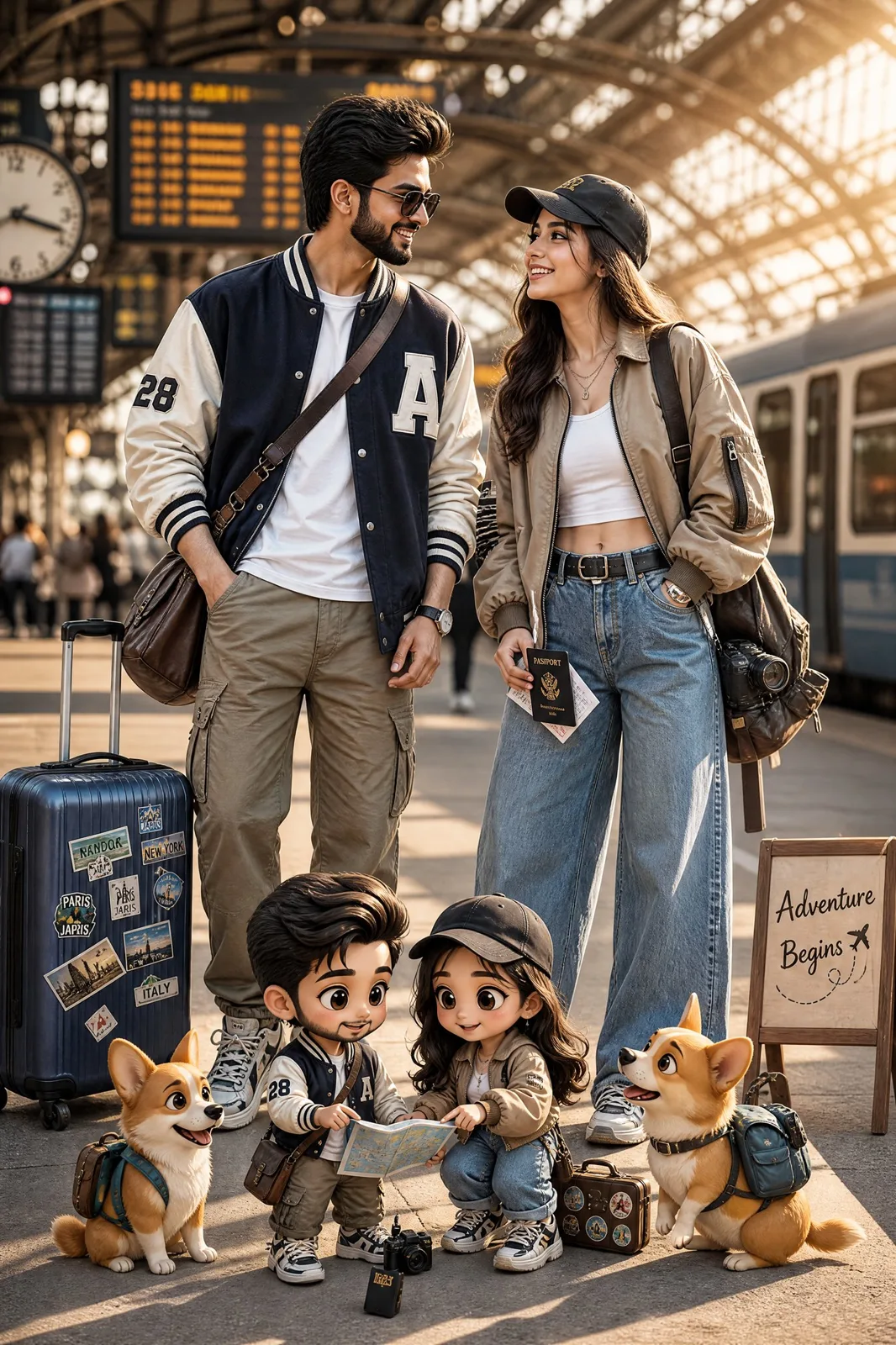 Ultra realistic fashion couple train station miniature adventure — Sonra