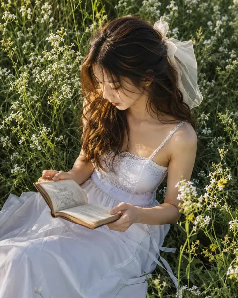 High end lifestyle woman reading wildflower meadow