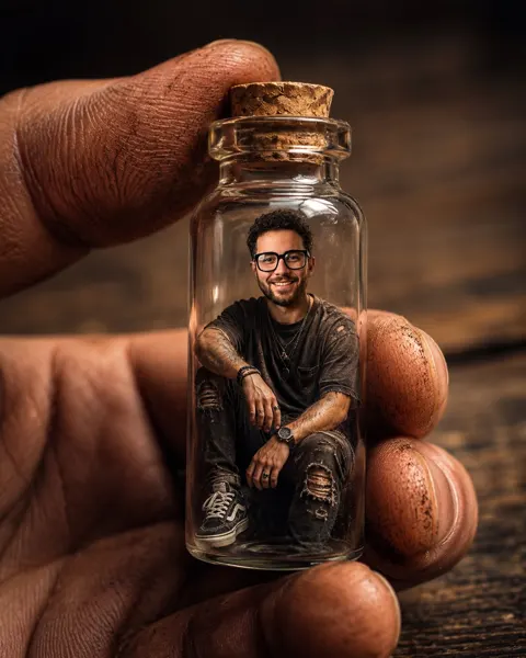 Miniature human inside glass bottle macro photography