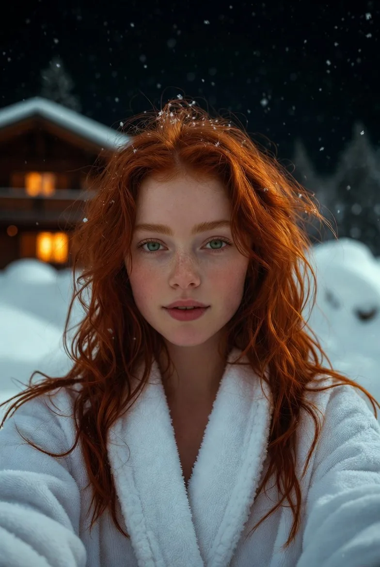 Snow night redhead flash selfie — After