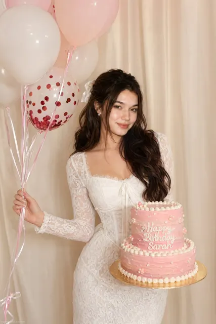 South asian woman birthday lace dress cake balloons
