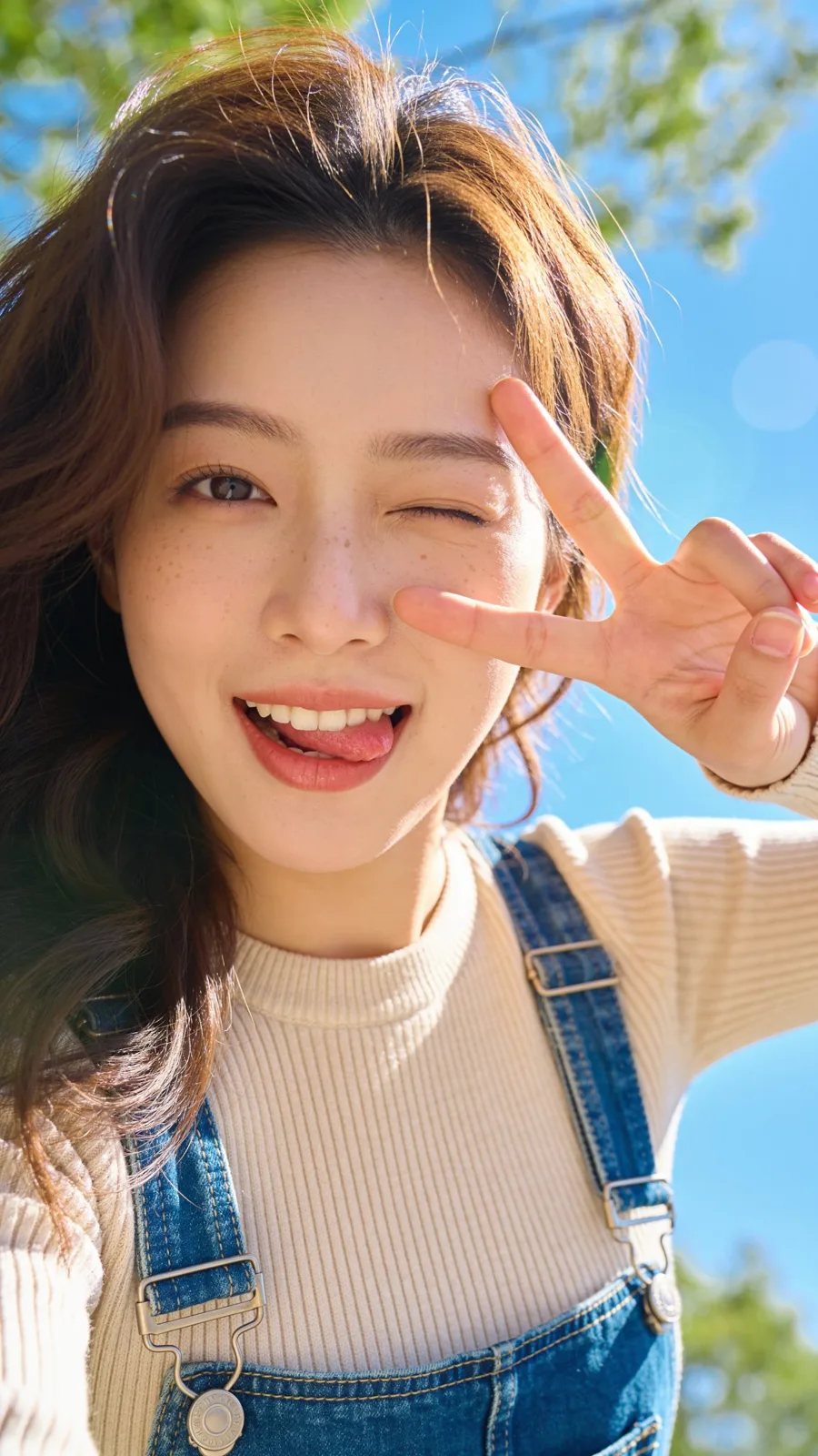 Young east asian woman playful selfie outdoor — After