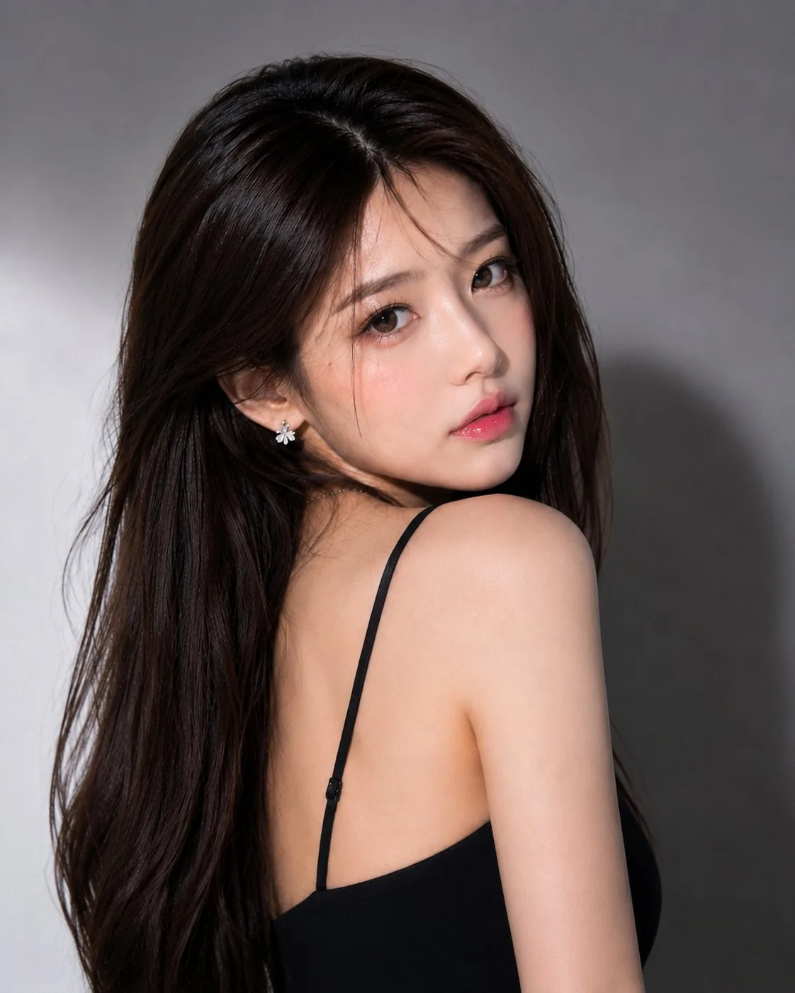 Elegant asian woman black dress realistic portrait — After