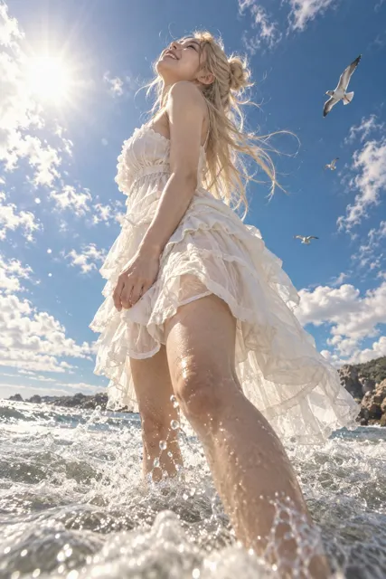 Full body east asian woman summer dress low angle