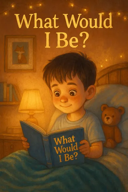 Bedtime Storybook Cover Illustration – Child Holding 'What Would I Be?' Book in Cozy Nighttime Scene