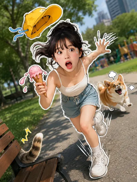 Vibrant 3d sticker city park girl running