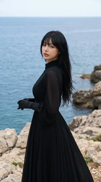 Minimalist gothic east asian fashion editorial mediterranean