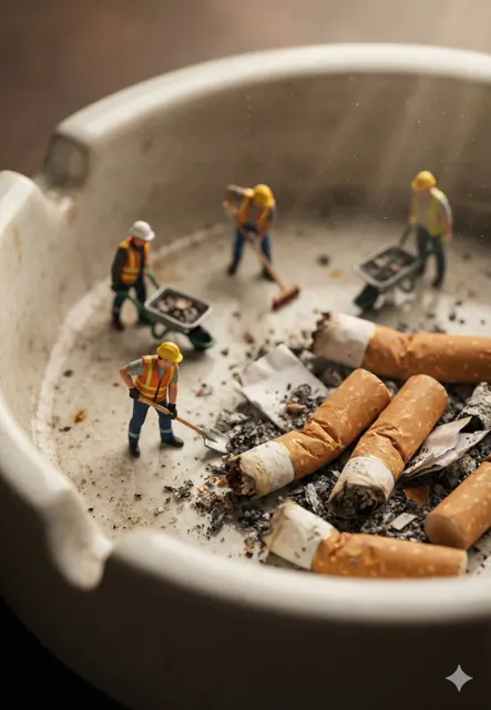Miniature workers cleaning giant ashtray