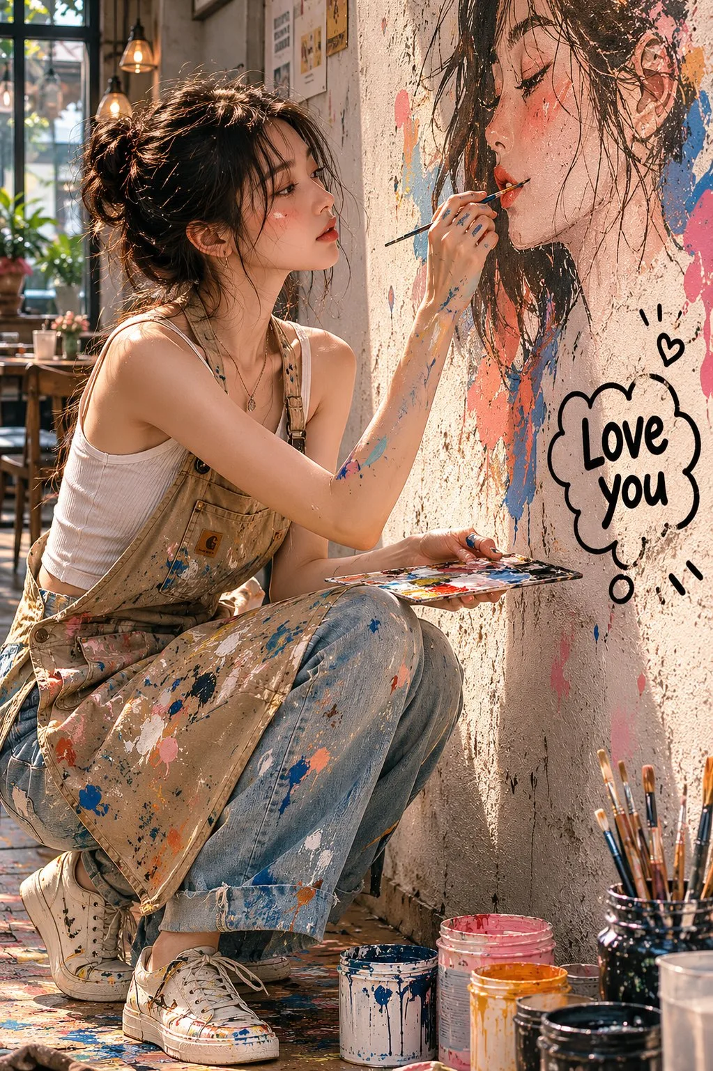 Realistic editorial cafe mural portrait — Sonra