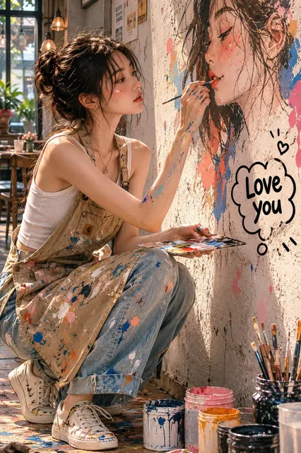 Realistic editorial cafe mural portrait