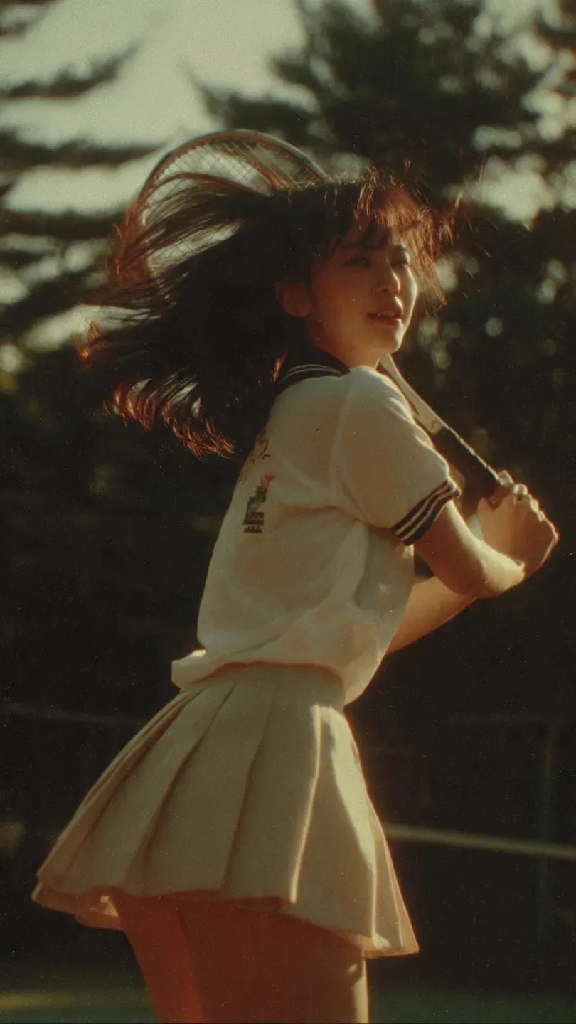 Cinematic 90s japanese film tennis girl middle shot — Sonra