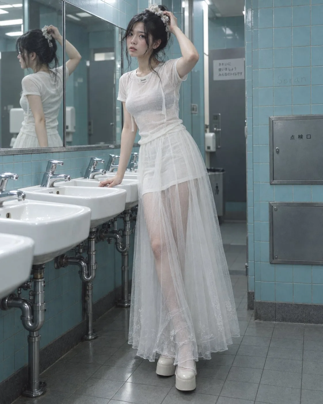 Retro public restroom gauze skirt east asian woman portrait — Sonra