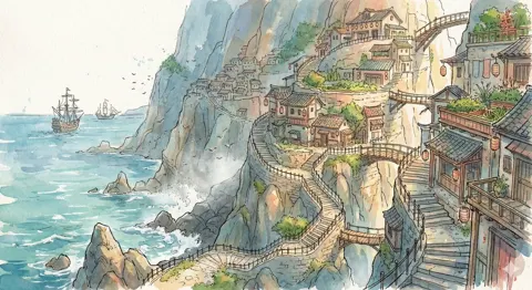 Coastal cliff watercolor village