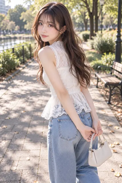 Autumn park over shoulder japanese woman fashion snapshot