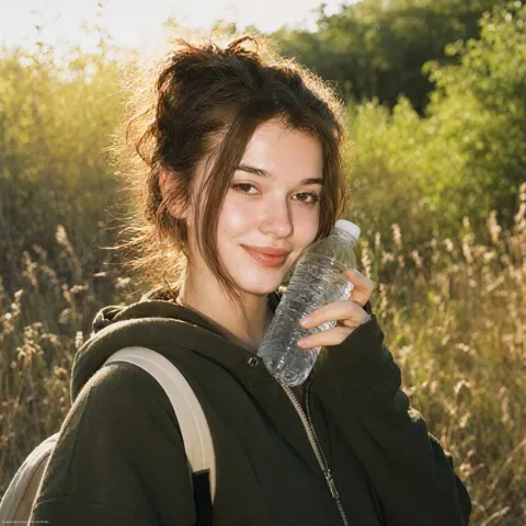 Young woman sunlit meadow 35mm portrait