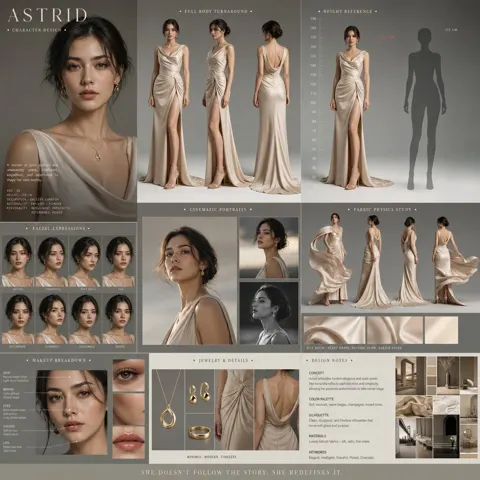 Cinematic drama female character design board