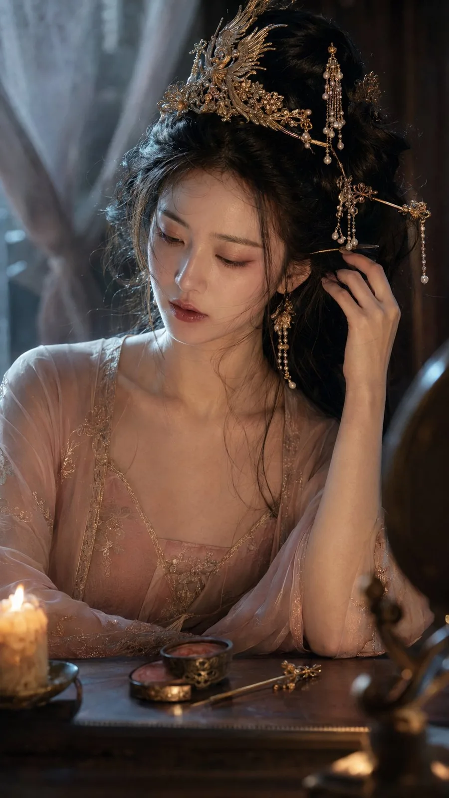 High tang dynasty court beauty dawn makeup removal cg illustration — After