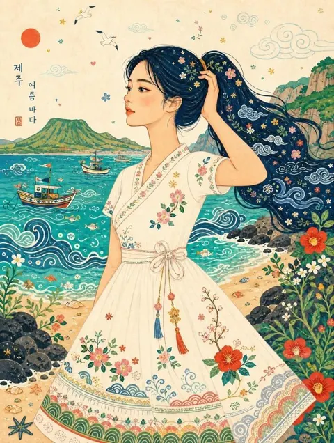 Korean naive folk art summer seaside illustration