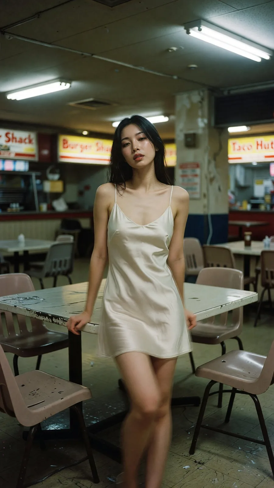 East asian woman satin slip dress retro lo fi film — After