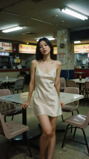 East asian woman satin slip dress retro lo fi film
