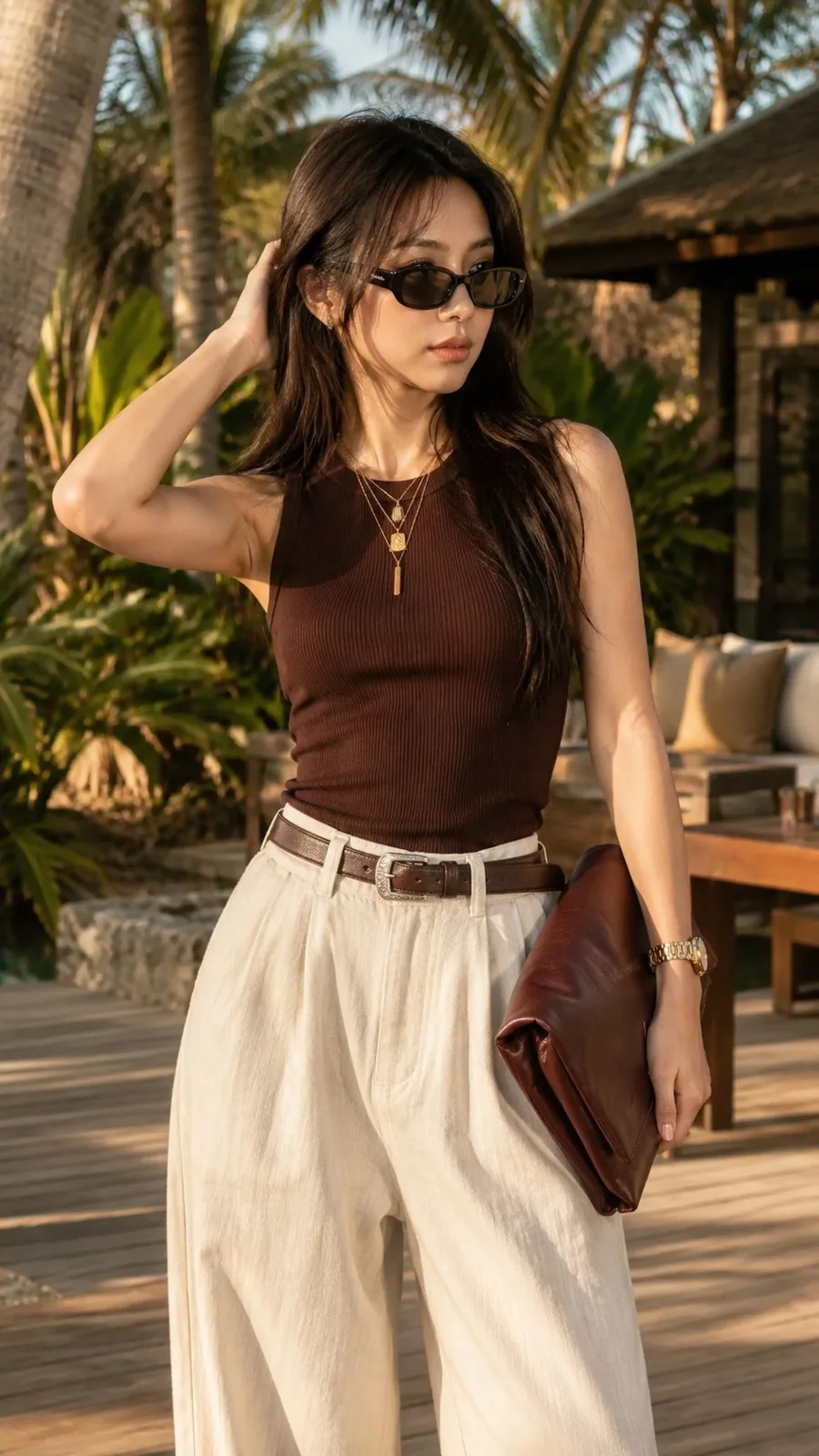 Luxury tropical resort fashion portrait young woman — After