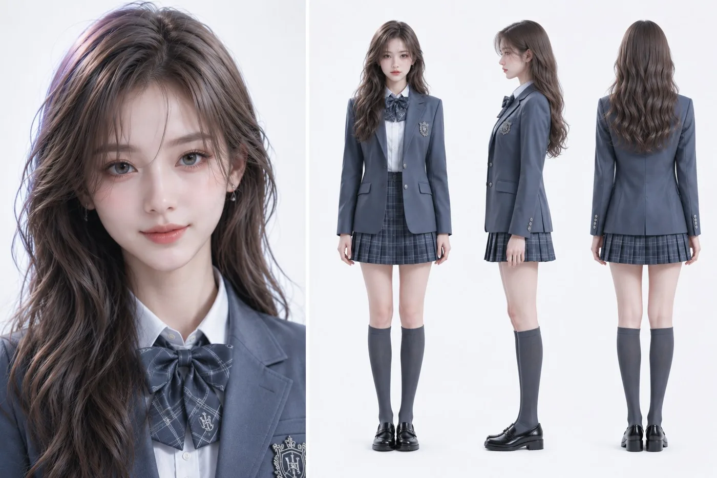 Misty blue academy uniform elegant college senior character design — Sonra