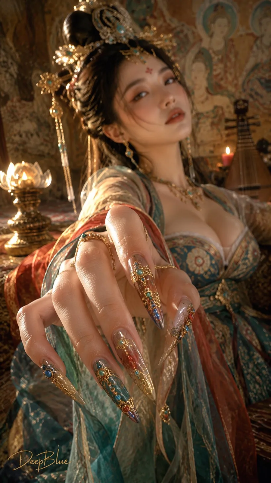 Dunhuang flying apsaras realistic portrait elaborate nail art — Sonra