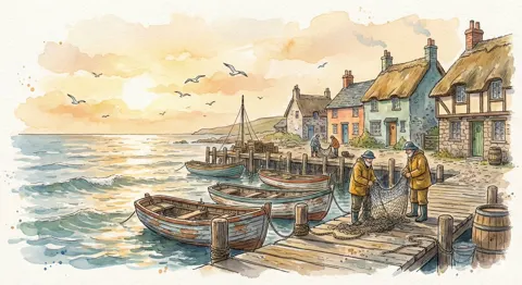 Evening seaside village watercolor fairy tale