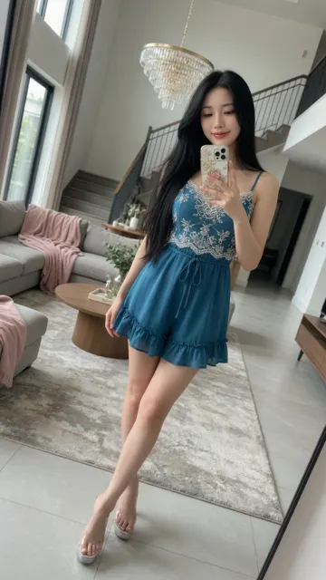 East asian woman teal romper mirror selfie luxury home