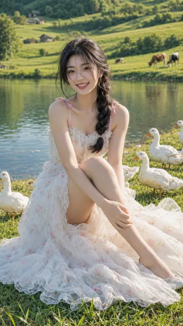 Ultra realistic east asian woman feeding ducks countryside portrait