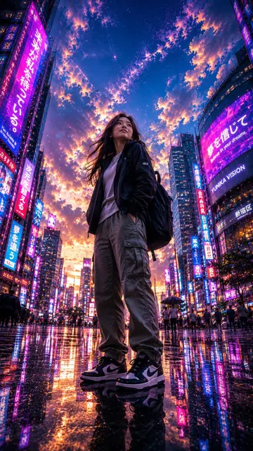 Ultra realistic fisheye modern city street woman cyberpunk shinkai