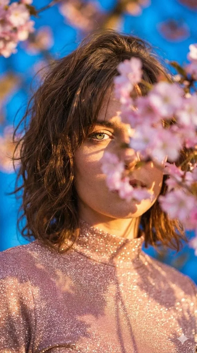 Pink flowers green eyes cinematic portrait — Sonra